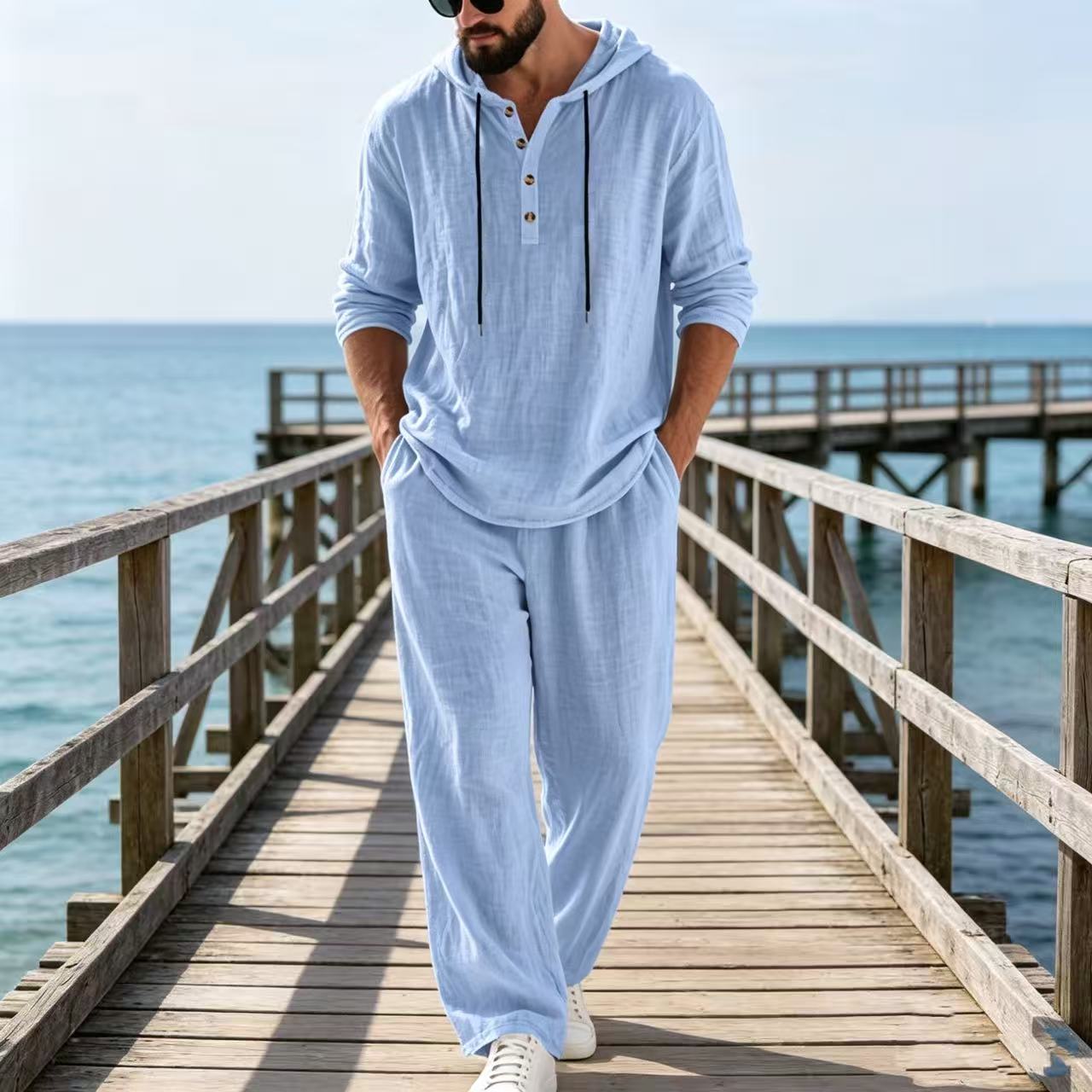 Mens Linen Shirt Long Sleeve - ชุดลำลองผู้ชายผ้าลินินสำหรับฤดูใบไม้ผลิและฤดูใบไม้ร่วงปี 2026 แบบสวมใส่สบายสไตล์อเมซอน เสื้อฮู้ดเฮนรี่แขนยาว กางเกงขายาว