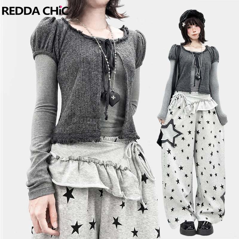 T-Shirts - REDDACHiC เสื้อคาร์ดิแกนแขนพอง ชุดเซ็ตสองชิ้นสำหรับผู้หญิง สไตล์เกาหลี สีเทา ดีไซน์ผ้ารัดรูป
