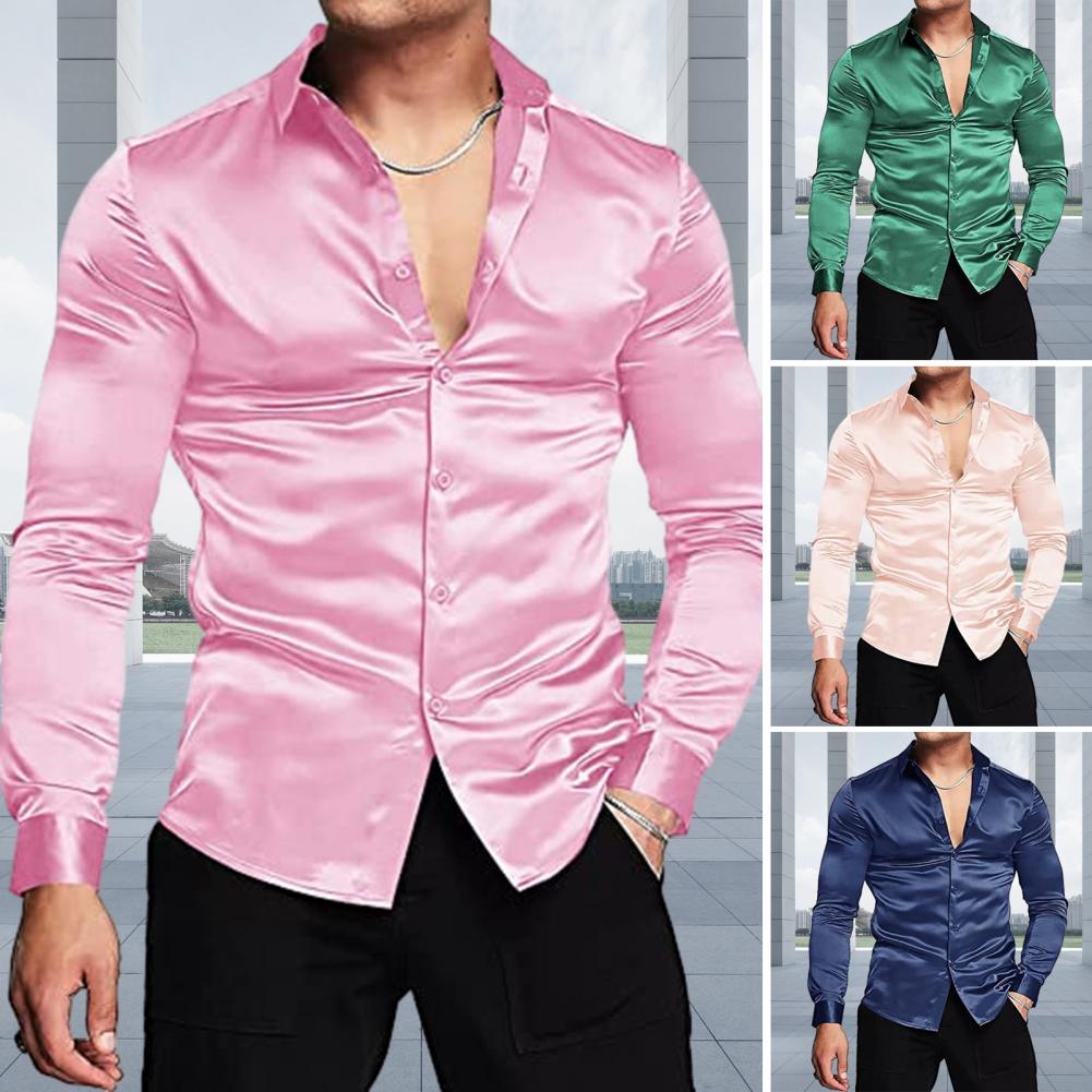 Mens Satin Silk Dress Shirt - สีชมพูผ้าไหมซาตินหรูหราชุดเสื้อผู้ชาย 2023 ใหม่แขนยาวTuxedoเสื้อชายงานแต่งงานClub Party Dance Prom