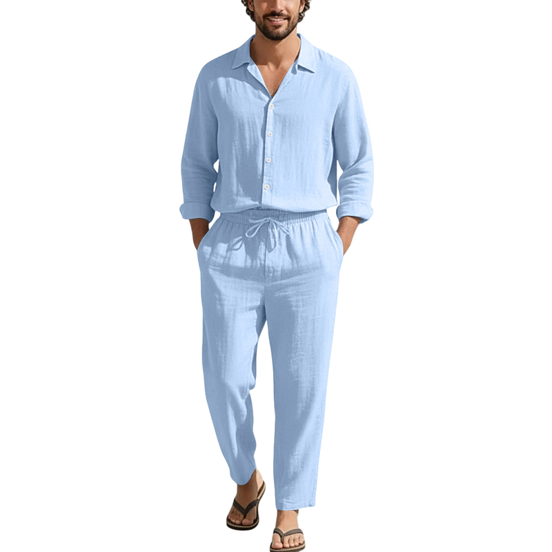 Mens Linen Shirt Long Sleeve - ชุดลำลองผ้าลินินสำหรับฤดูใบไม้ผลิและฤดูร้อน เสื้อแขนยาวทรงหลวม+กางเกงขายาว สีพื้น ระบายอากาศได้ดี ปกคอเสื้อพับได้ ชุดแฟชั่น
