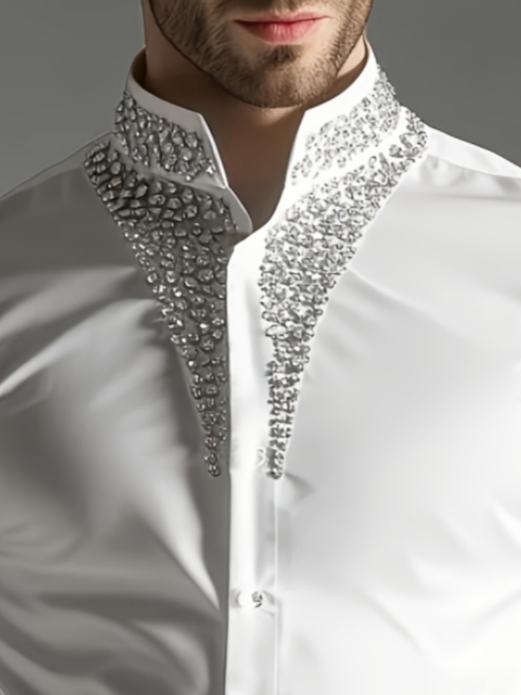 เสื้อเชิ้ตหรูหราประดับคริสตัลส - Mandarin Collar Formal Shirt Slim Fit บทวิจารณ์และราคา
