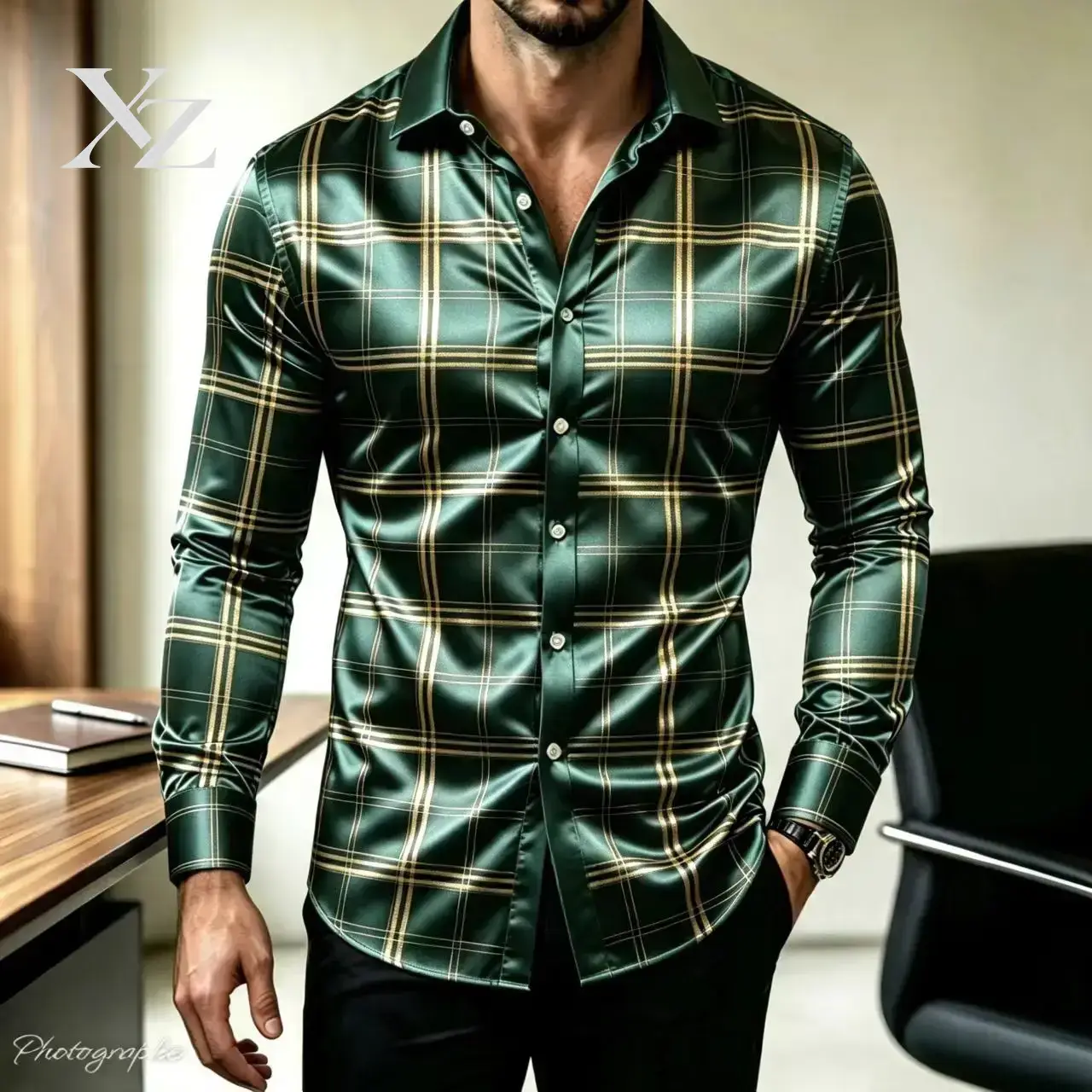 เสื้อเชิ้ตแขนยาวลายสก็อตทรงเข้ - Mens Satin Silk Dress Shirt บทวิจารณ์และราคา