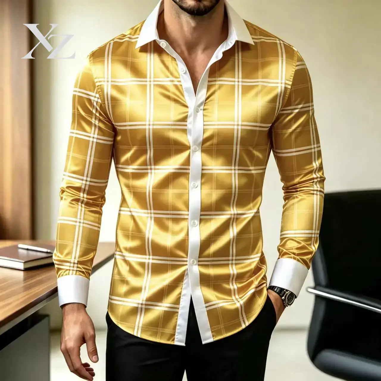 เสื้อเชิ้ตแขนยาวลายสก็อตทรงเข้ - Mens Satin Silk Dress Shirt บทวิจารณ์และราคา