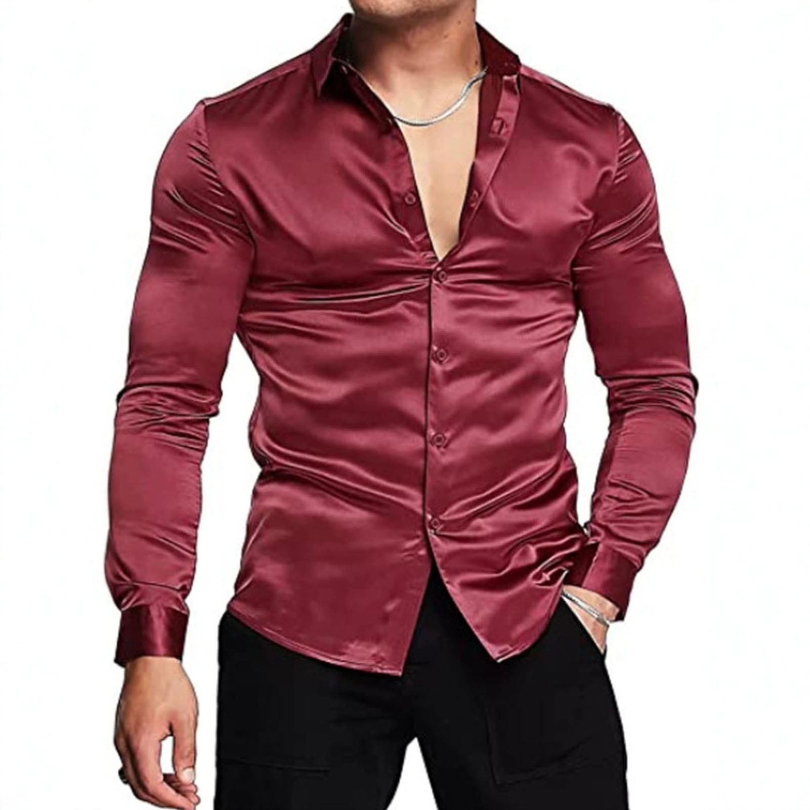 สีชมพูผ้าไหมซาตินหรูหราชุดเสื้ - Mens Satin Silk Dress Shirt บทวิจารณ์และราคา